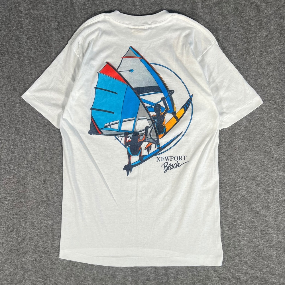 Vintage 80s Newport Beach Windsurfing Graphic T-Shirt White Single Stitch Small